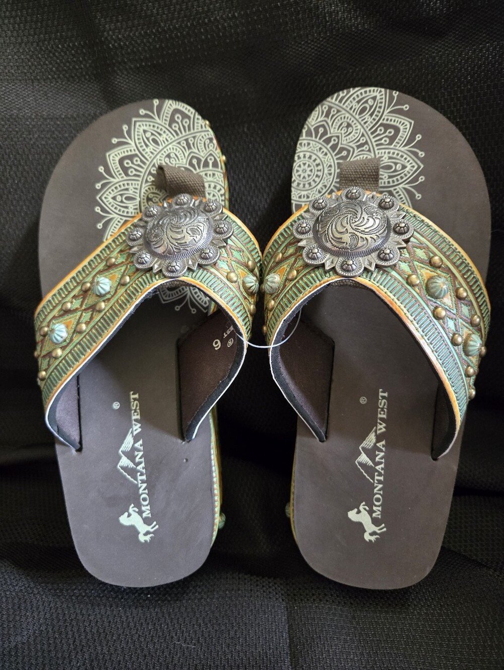 Montana West Brown and Turquoise Western Concho Flip Flops NWOT
